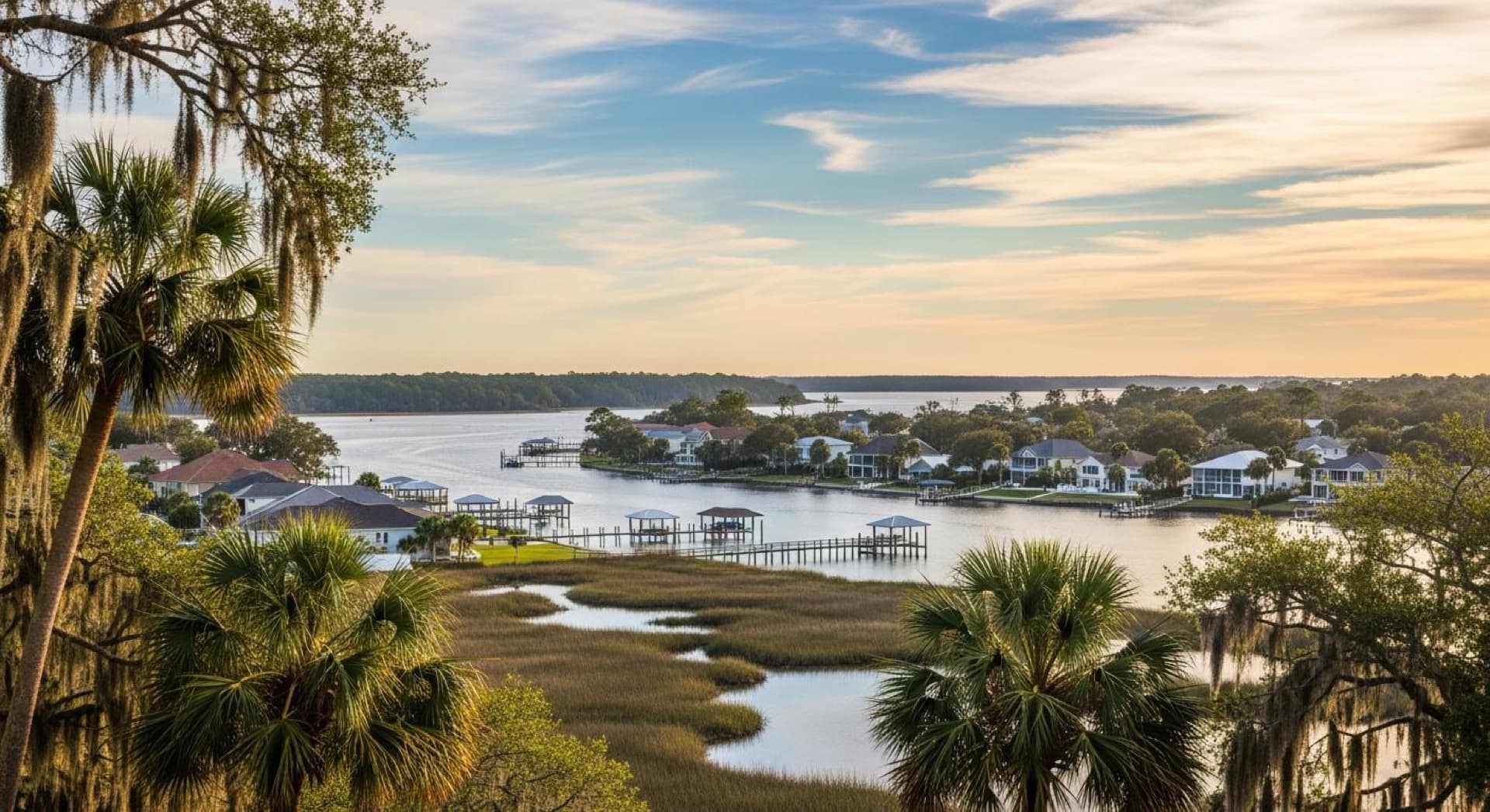 Fleming Island, FL waterway and homes at sunset — Health Pointe Jacksonville acupuncture clinic serves Fleming Island patients