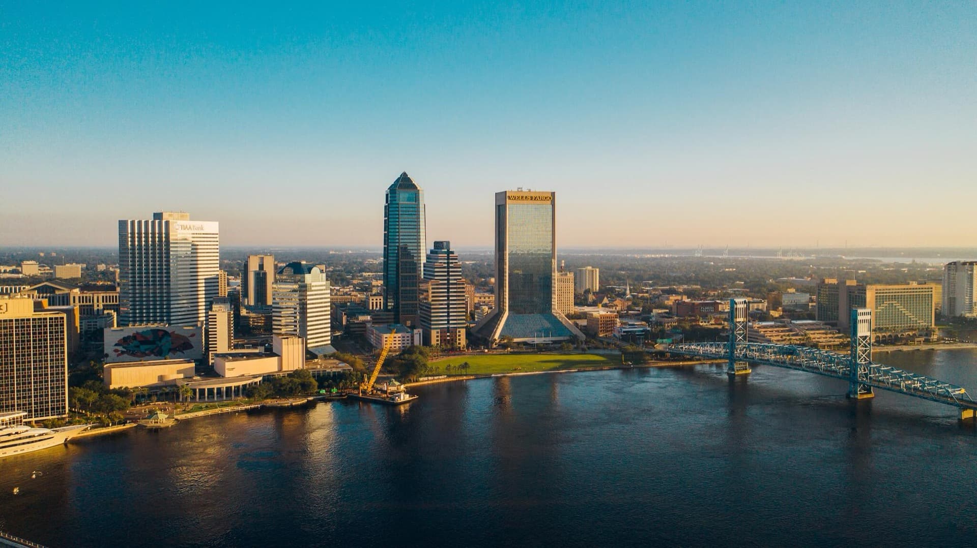 Jacksonville, FL skyline aerial view — Health Pointe Jacksonville acupuncture clinic serves Tinseltown and Tamaya patients