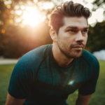 Man in athletic wear resting outdoors at sunset