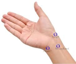 Diagram of wrist acupressure points Lung 9, Heart 7 and Pericardium 6 (Neiguan)